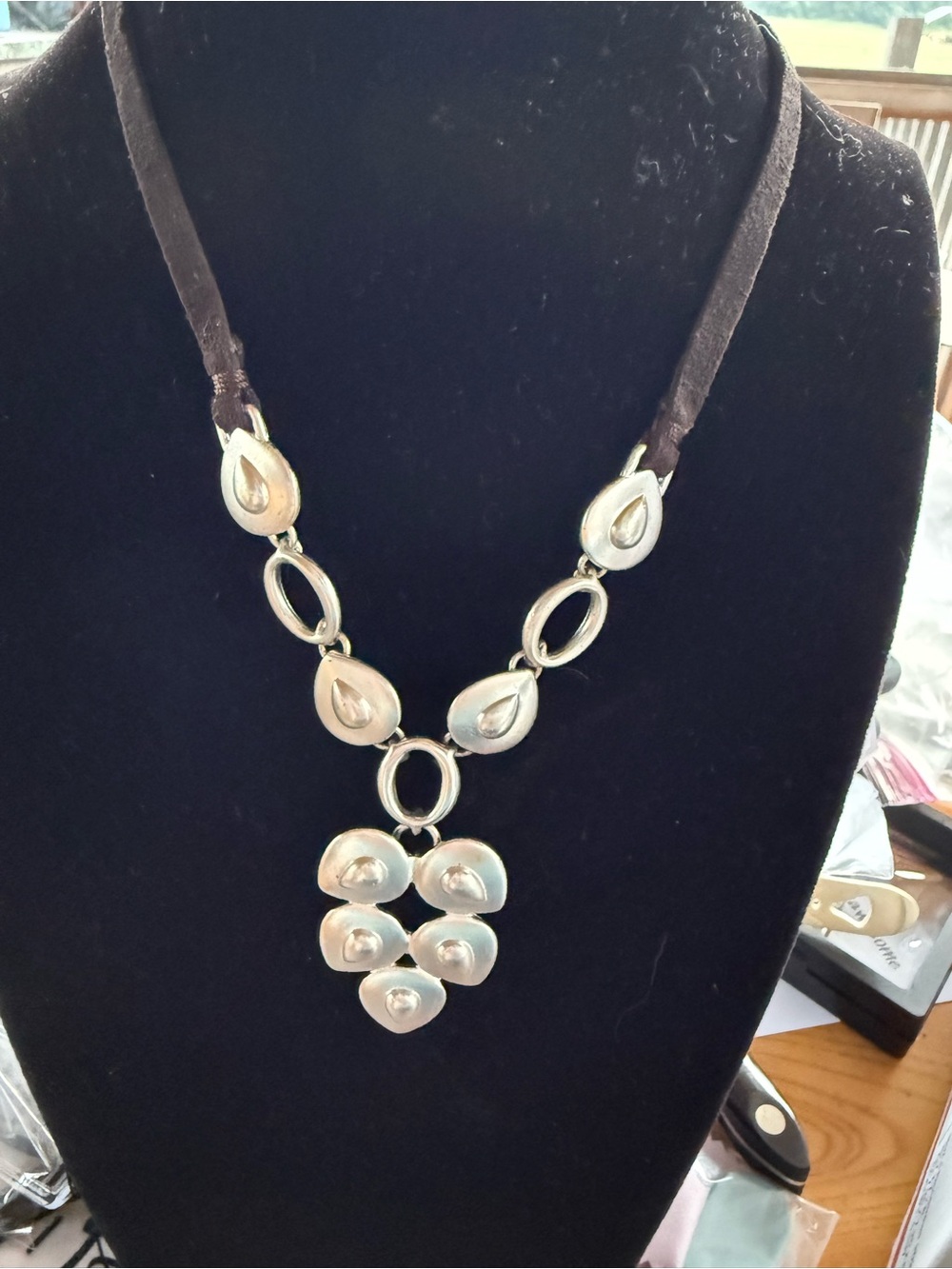 Silver Teardrop Cluster Necklace on Brown Suede Cord